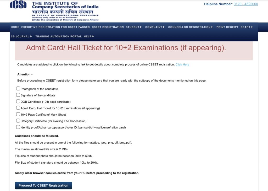 CSEET Exam Required Documents