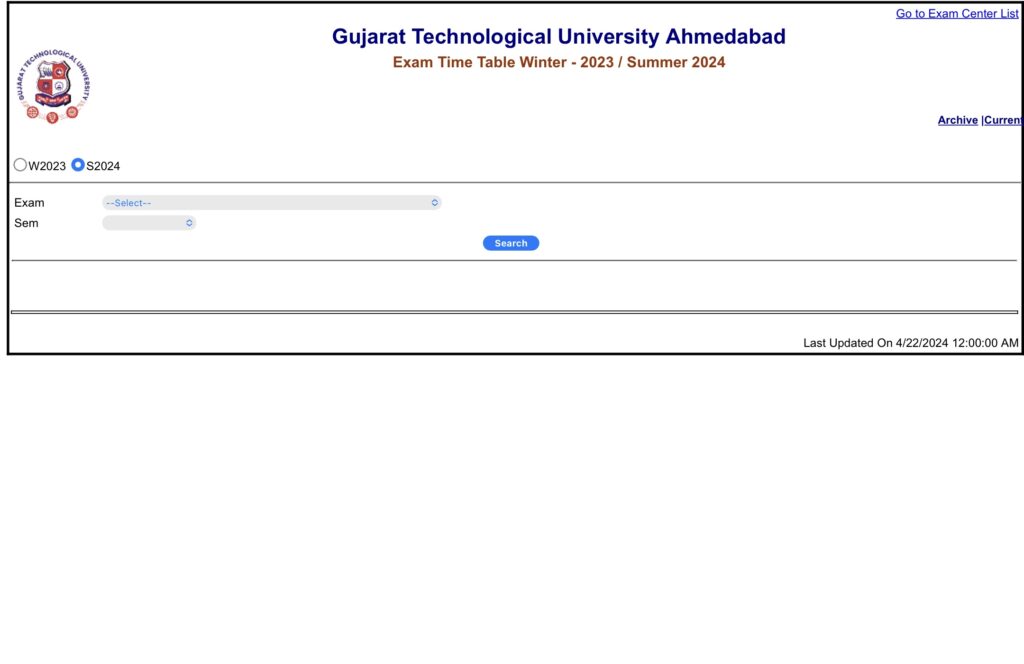 GTU Exam Time Table Choose Exam