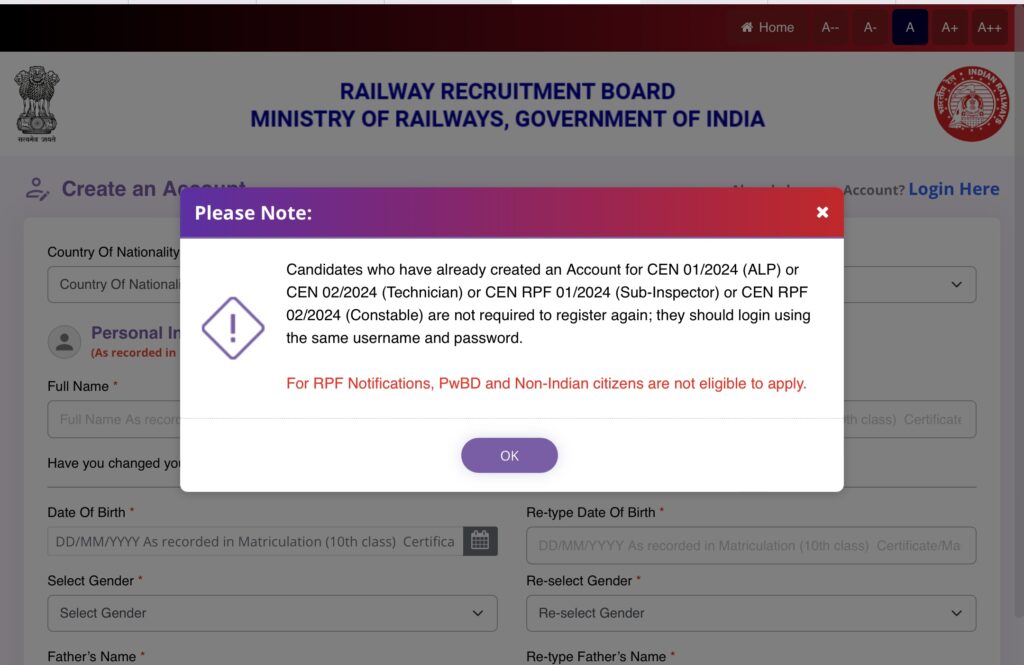 RPF Constable Exam Apply Online