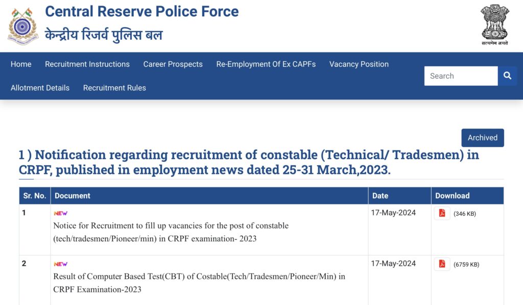 CRPF Tradesman Result